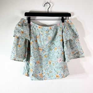 LAIA Anthropologie Size XSmall Green Floral Eyelet Off the Shoulder Top